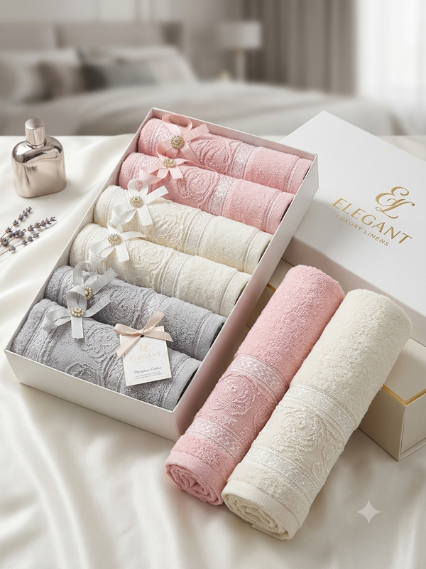 6lı Fiyonk Dantel Detaylı Kutulu Mutfak Havlusu Seti 30x50cm | Pembe Ekru Gri