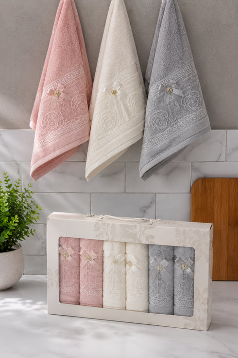 6lı Fiyonk Dantel Detaylı Kutulu Mutfak Havlusu Seti 30x50cm | Pembe Ekru Gri