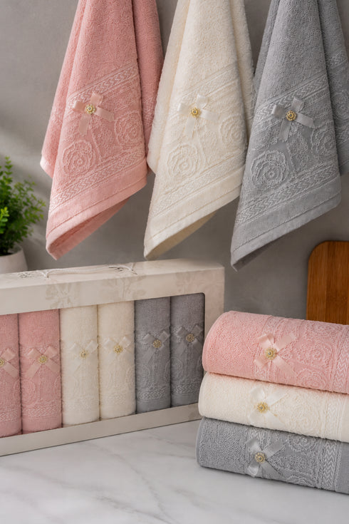 6lı Fiyonk Dantel Detaylı Kutulu Mutfak Havlusu Seti 30x50cm | Pembe Ekru Gri