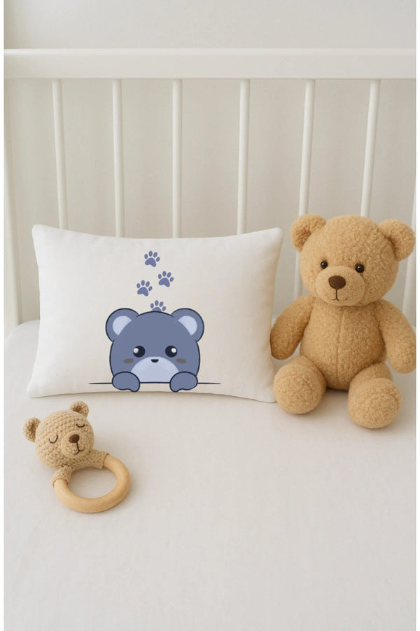 Solo Ayıcık Desen Bebek Yastık Kılıfı | 1 Adet | Lila Beyaz | 35x45cm | %100 Pamuklu Akfil Kumaş