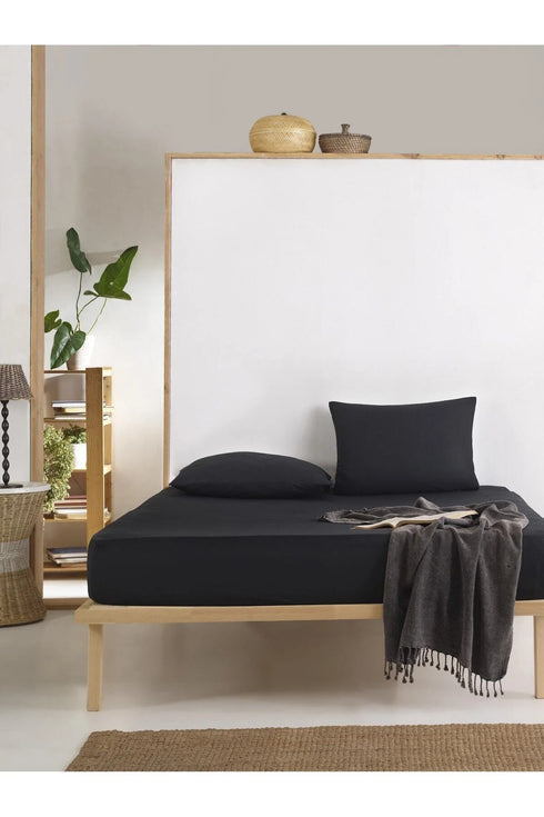 Çift Kişilik Doğal Pamuk Akfil Kumaş Siyah Lastikli Çarşaf Seti 2 Yastıklı 160x200