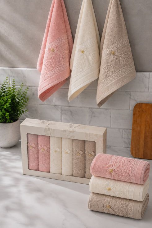 6lı Fiyonk Dantel Detaylı Kutulu Mutfak Havlusu Seti 30x50cm | Pembe Ekru Kahve