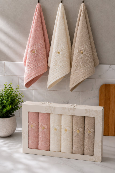 6lı Fiyonk Dantel Detaylı Kutulu Mutfak Havlusu Seti 30x50cm | Pembe Ekru Kahve